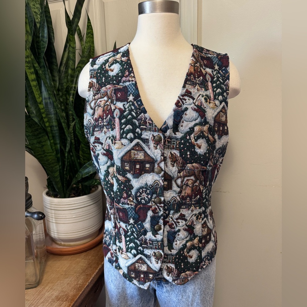 Vintage Christmas Tapestry Vest Winter Scene‎ XL 90s